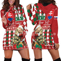 Personalised Slovakia Christmas Hoodie Dress Brown Bear Mix Argyle Pattern - Wonder Print Shop