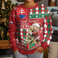 Personalised Slovakia Christmas Kid Ugly Christmas Sweater Brown Bear Mix Argyle Pattern - Wonder Print Shop