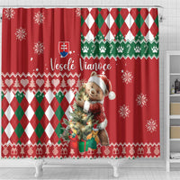 Slovakia Christmas Shower Curtain Brown Bear Mix Argyle Pattern