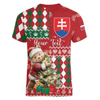 Personalised Slovakia Christmas Women V-Neck T-Shirt Brown Bear Mix Argyle Pattern - Wonder Print Shop