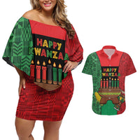 Personalized Happy Kwanzaa Couples Matching Off Shoulder Short Dress and Hawaiian Shirt Kinara With Kente Pattern - Wonder Print Shop