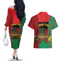 Personalized Happy Kwanzaa Couples Matching Off The Shoulder Long Sleeve Dress and Hawaiian Shirt Kinara With Kente Pattern - Wonder Print Shop
