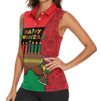 Personalized Happy Kwanzaa Women Sleeveless Polo Shirt Kinara With Kente Pattern - Wonder Print Shop