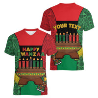 Personalized Happy Kwanzaa Women V-Neck T-Shirt Kinara With Kente Pattern - Wonder Print Shop