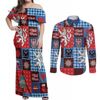 Czech Christmas Patchwork Couples Matching Off Shoulder Maxi Dress and Long Sleeve Button Shirt - Wonder Print Shop