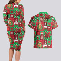 Wales Christmas Patchwork Couples Matching Long Sleeve Bodycon Dress and Hawaiian Shirt - Wonder Print Shop