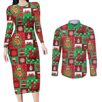 Wales Christmas Patchwork Couples Matching Long Sleeve Bodycon Dress and Long Sleeve Button Shirt - Wonder Print Shop