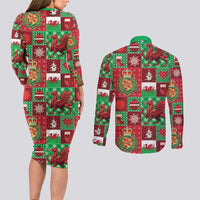 Wales Christmas Patchwork Couples Matching Long Sleeve Bodycon Dress and Long Sleeve Button Shirt - Wonder Print Shop