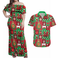 Wales Christmas Patchwork Couples Matching Off Shoulder Maxi Dress and Hawaiian Shirt - Wonder Print Shop