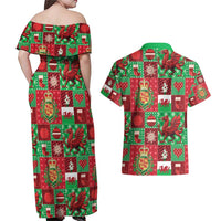Wales Christmas Patchwork Couples Matching Off Shoulder Maxi Dress and Hawaiian Shirt - Wonder Print Shop