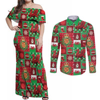 Wales Christmas Patchwork Couples Matching Off Shoulder Maxi Dress and Long Sleeve Button Shirt - Wonder Print Shop