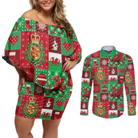 Wales Christmas Patchwork Couples Matching Off Shoulder Short Dress and Long Sleeve Button Shirt - Wonder Print Shop