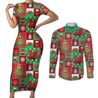 Wales Christmas Patchwork Couples Matching Short Sleeve Bodycon Dress and Long Sleeve Button Shirt - Wonder Print Shop
