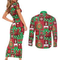Wales Christmas Patchwork Couples Matching Short Sleeve Bodycon Dress and Long Sleeve Button Shirt - Wonder Print Shop