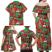 Wales Christmas Patchwork Family Matching Off Shoulder Maxi Dress and Hawaiian Shirt - Wonder Print Shop