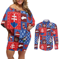 Slovakia Christmas Patchwork Couples Matching Off Shoulder Short Dress and Long Sleeve Button Shirt - Wonder Print Shop
