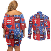 Slovakia Christmas Patchwork Couples Matching Off Shoulder Short Dress and Long Sleeve Button Shirt - Wonder Print Shop
