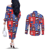 Slovakia Christmas Patchwork Couples Matching Off The Shoulder Long Sleeve Dress and Long Sleeve Button Shirt - Wonder Print Shop