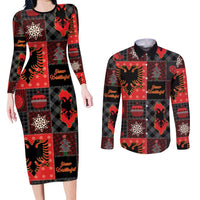 Albania Christmas Patchwork Couples Matching Long Sleeve Bodycon Dress and Long Sleeve Button Shirt - Wonder Print Shop