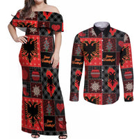 Albania Christmas Patchwork Couples Matching Off Shoulder Maxi Dress and Long Sleeve Button Shirt - Wonder Print Shop