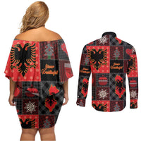 Albania Christmas Patchwork Couples Matching Off Shoulder Short Dress and Long Sleeve Button Shirt - Wonder Print Shop