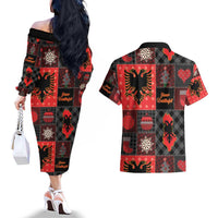 Albania Christmas Patchwork Couples Matching Off The Shoulder Long Sleeve Dress and Hawaiian Shirt - Wonder Print Shop