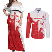 Custom Tunisia Football Couples Matching Off Shoulder Maxi Dress and Long Sleeve Button Shirt Go Eagles of Carthage