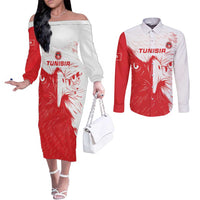 Custom Tunisia Football Couples Matching Off The Shoulder Long Sleeve Dress and Long Sleeve Button Shirt Go Eagles of Carthage