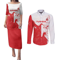 Custom Tunisia Football Couples Matching Puletasi and Long Sleeve Button Shirt Go Eagles of Carthage
