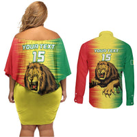 Custom Senegal Football Couples Matching Off Shoulder Short Dress and Long Sleeve Button Shirt Go Lions of Teranga