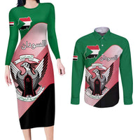 Personalized Sudan Couples Matching Long Sleeve Bodycon Dress and Long Sleeve Button Shirt Sudanese Secretary Bird Flag Style