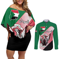 Personalized Sudan Couples Matching Off Shoulder Short Dress and Long Sleeve Button Shirt Sudanese Secretary Bird Flag Style