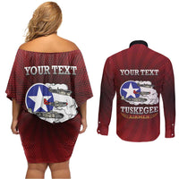 Personalized Red Tails Legacy Couples Matching Off Shoulder Short Dress and Long Sleeve Button Shirt Tuskegee Airmen WWII Heroes - Wonder Print Shop