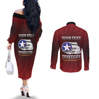 Personalized Red Tails Legacy Couples Matching Off The Shoulder Long Sleeve Dress and Long Sleeve Button Shirt Tuskegee Airmen WWII Heroes - Wonder Print Shop