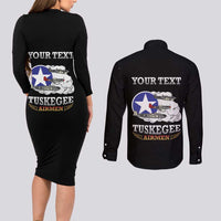 Personalized Red Tails Legacy Couples Matching Long Sleeve Bodycon Dress and Long Sleeve Button Shirt Tuskegee Airmen WWII Heroes - Black Color - Wonder Print Shop