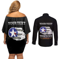 Personalized Red Tails Legacy Couples Matching Off Shoulder Short Dress and Long Sleeve Button Shirt Tuskegee Airmen WWII Heroes - Black Color - Wonder Print Shop