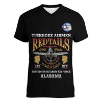 Personalized Red Tails Legacy Women V-Neck T-Shirt Tuskegee Airmen WWII Heroes - Black Color - Wonder Print Shop