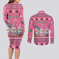 Personalised Germany Christmas Couples Matching Long Sleeve Bodycon Dress and Long Sleeve Button Shirt Cute Pink Gnome Frohe Weihnachten - Wonder Print Shop