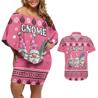 Personalised Germany Christmas Couples Matching Off Shoulder Short Dress and Hawaiian Shirt Cute Pink Gnome Frohe Weihnachten - Wonder Print Shop