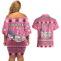 Personalised Germany Christmas Couples Matching Off Shoulder Short Dress and Hawaiian Shirt Cute Pink Gnome Frohe Weihnachten - Wonder Print Shop
