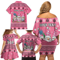 Personalised Germany Christmas Family Matching Off Shoulder Short Dress and Hawaiian Shirt Cute Pink Gnome Frohe Weihnachten - Wonder Print Shop