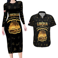 Personalized Liberia Vai Syllabary Heritage Couples Matching Long Sleeve Bodycon Dress and Hawaiian Shirt National Emblem Golden Style - Wonder Print Shop