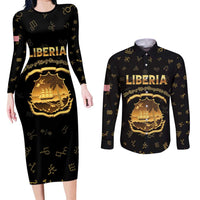 Personalized Liberia Vai Syllabary Heritage Couples Matching Long Sleeve Bodycon Dress and Long Sleeve Button Shirt National Emblem Golden Style - Wonder Print Shop