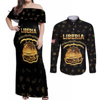 Personalized Liberia Vai Syllabary Heritage Couples Matching Off Shoulder Maxi Dress and Long Sleeve Button Shirt National Emblem Golden Style - Wonder Print Shop