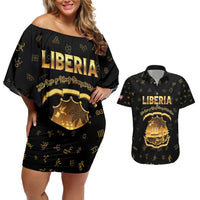 Personalized Liberia Vai Syllabary Heritage Couples Matching Off Shoulder Short Dress and Hawaiian Shirt National Emblem Golden Style - Wonder Print Shop