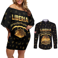 Personalized Liberia Vai Syllabary Heritage Couples Matching Off Shoulder Short Dress and Long Sleeve Button Shirt National Emblem Golden Style - Wonder Print Shop