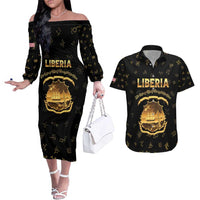 Personalized Liberia Vai Syllabary Heritage Couples Matching Off The Shoulder Long Sleeve Dress and Hawaiian Shirt National Emblem Golden Style - Wonder Print Shop