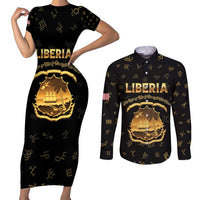 Personalized Liberia Vai Syllabary Heritage Couples Matching Short Sleeve Bodycon Dress and Long Sleeve Button Shirt National Emblem Golden Style - Wonder Print Shop