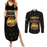 Personalized Liberia Vai Syllabary Heritage Couples Matching Summer Maxi Dress and Long Sleeve Button Shirt National Emblem Golden Style - Wonder Print Shop
