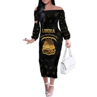 Personalized Liberia Vai Syllabary Heritage Family Matching Off The Shoulder Long Sleeve Dress and Hawaiian Shirt National Emblem Golden Style - undefined